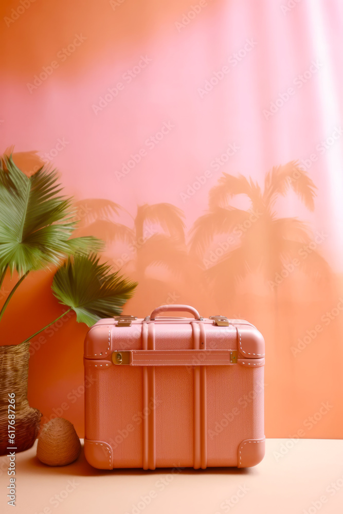 Sticker Pink suitcase next to palm tree in room with pink wall. Generative AI.