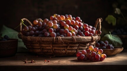Closeup Grape fruits on bamboo basket with blurred background