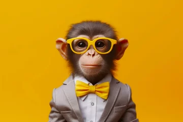 Fototapete Rund Monkey wearing yellow glasses and suit with bow tie and bow tie. Generative AI. © valentyn640