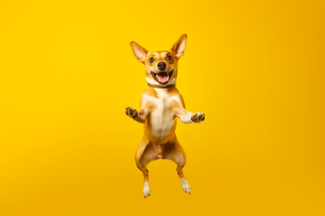 Dog jumping up in the air with its paws in the air and it's mouth open. Generative AI. - obrazy, fototapety, plakaty
