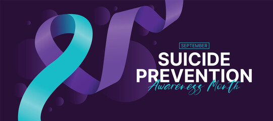 Suicide prevention awareness month text and teal purple ribbon awareness roll waving on dark purple background vector design