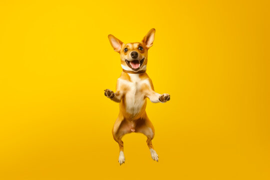 Dog jumping up in the air with its paws in the air and it's mouth open. Generative AI.