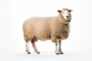 Sheep standing in front of white background with sad look on its face. Generative AI.
