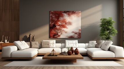 Modern interior design of living room with white sofa, coffee table,  soft stucco wall. Created with generative AI.