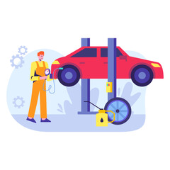 Worker in uniform standing near lifted machine, holding pressure gauge and checking air pressure in tires. Car repair, oil change and restoration in service center. Flat vector illustration