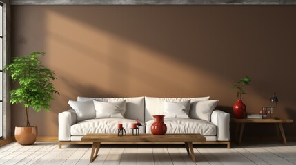 Modern interior design of living room with white sofa, coffee table,  soft stucco wall. Created with generative AI.