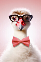 Close up of bird wearing glasses and bow tie with pink background. Generative AI.