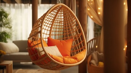 Hanging chair with a comfortable pillow for relaxation, Generative AI.