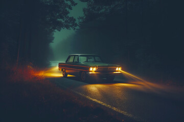 Fototapeta na wymiar Car driving down road at night with headlights shining on the car. Generative AI.