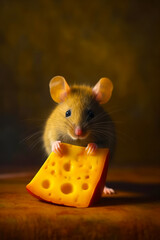 Mouse with piece of cheese in it's mouth on table. Generative AI.