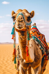 Close up of camel with blanket on it's back. Generative AI.