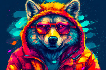 Image of wolf wearing sunglasses and hoodie with the colors of the rainbow. Generative AI.