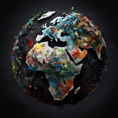 Obraz na płótnie Canvas Responsibility and Warning - concept Planet Earth with continents made of various garbage of modern civilization ; Content created using generative artificial intelligence tools.