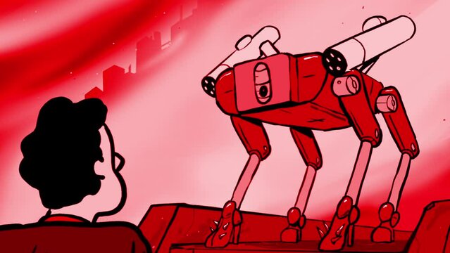Animation of a robot scanning and pointing guns at a man, a concept of robots taking over the earth