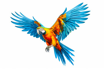 Colorful parrot flying through the air with its wings spread out and it's wings spread. Generative AI.