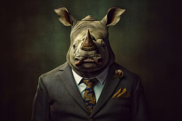Man in suit and tie with rhino mask on his face. Generative AI.