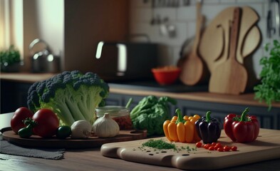 AI generated illustration of fresh vegetables on a wooden cutting board in a kitchen