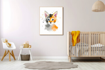 Baby's room with crib and painting of cat. Generative AI.
