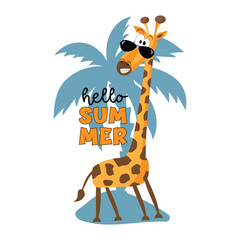 Hello Summer - cute giraffe in sunglasses. Isloated on palmtree background. Good for Baby clothes, greeting card, poster, label, mug, and other decoartion. - obrazy, fototapety, plakaty