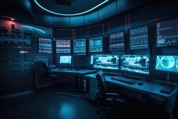 Monitors and empty desk in control room