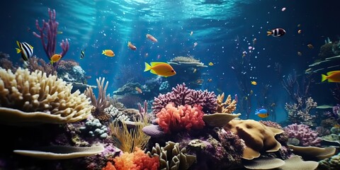 Fototapeta na wymiar AI Generated. AI Generative. Underwater scuba dining scene background. Shell, starfish, coral, fish surface. Adventure vacation explore vibe. Graphic Art
