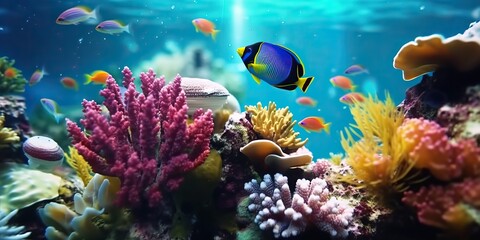Naklejka na ściany i meble AI Generated. AI Generative. Underwater scuba dining scene background. Shell, starfish, coral, fish surface. Adventure vacation explore vibe. Graphic Art