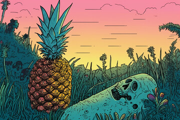 Pineapple field drawing painting illustration