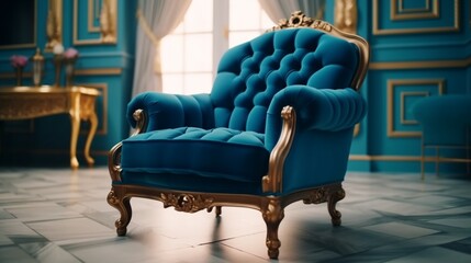 Luxury blue armchair in a modern classic style interior, Generative AI.