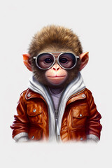 Monkey wearing leather jacket and sunglasses with leather jacket over it. Generative AI.