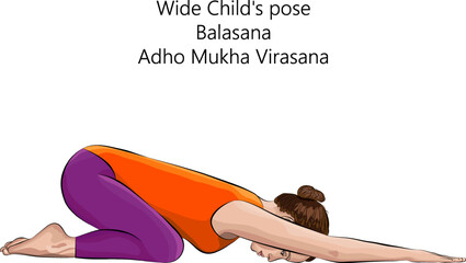 Young woman practicing yoga exercise, doing Wide Child pose. Downward Facing Hero or Forward Facing Hero pose. Balasana. Adho Mukha Virasana. Prone and Forward Bend. Isolated vector illustration.