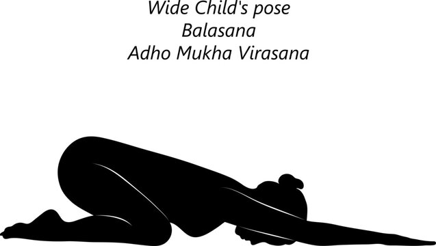 Black silhouette of young woman practicing yoga, doing Wide Child pose. Downward Facing Hero or Forward Facing Hero pose. Balasana. Adho Mukha Virasana. Prone. Isolated vector illustration.
