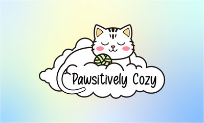 Pawsitively Cozy - Cat with Knitted Ball on Cloud Vector Template