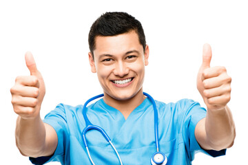 Thumbs up, pride and portrait of a male doctor in a studio for a medical consultation with confidence. Happy, smile and professional young man nurse with an approval hand gesture by white background.