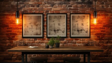 Poster and lamps over the brick Wall. Created with generative AI.