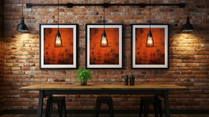 Poster and lamps over the brick Wall. Created with generative AI.
