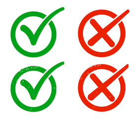 Green tick symbol and red cross sign in circle grunge effect