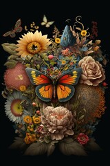 AI generated illustration of a butterfly perched on a colorful bouquet of flowers