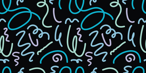 Fun line doodle. abstract squiggle style handdrawn seamless pattern isolated on black background