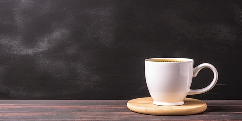 Tabletop temptations. Close up of white cup of espresso coffee on blackboard background