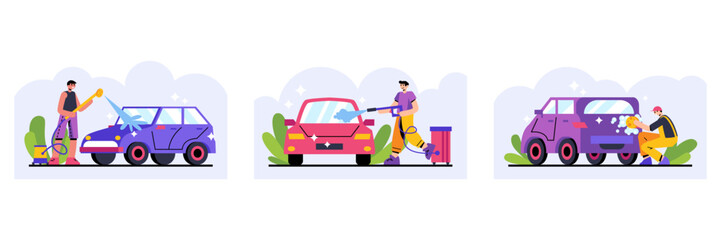 Set of people washing cars outside. Man using device cleans dirt on machine under high water pressure. Place for auto transport wash. Flat vector illustration in cartoon style