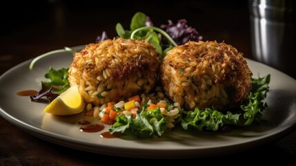 Maryland Crab Cakes with chopped greens on a wooden plate with a blurred background