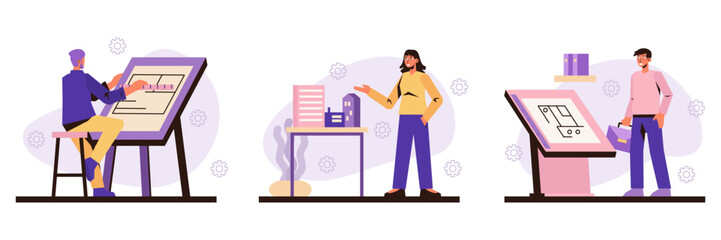Set of architectural bureau workers working on project. Building construction planning. House design and layout presentation concept. Flat vector illustration in purple colors