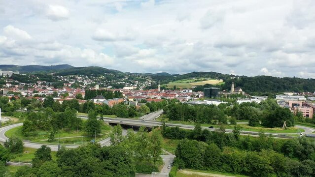 Drone video, aerial view of Deggendorf with a view of the historic old town. Deggendorf, Lower Bavaria, Bavaria, Germany, Europe