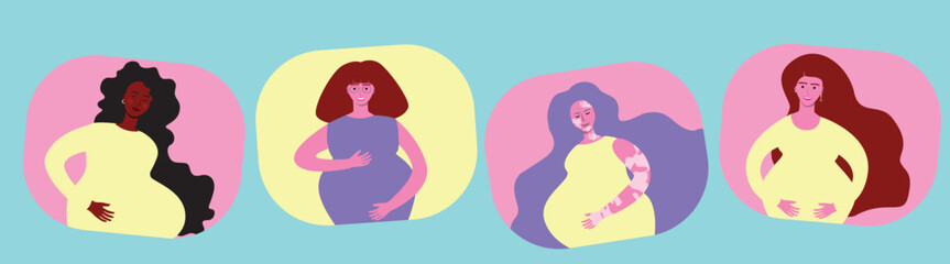 Diverse pregnant women isolated as unity concept for design, set or collection, flat vector stock illustration