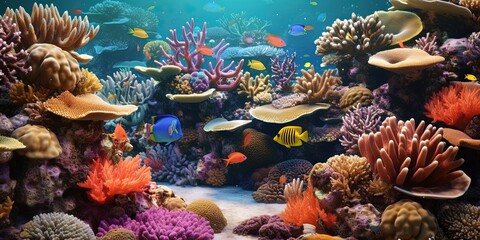 Fototapeta na wymiar Coral reef with multicolored fishes, underwater view of detailed realistic ocean life in vivid colors