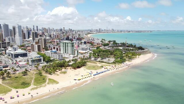 Aerial footage showing the Town of Maceio in Alagoas on beach in Brazil in the summer
