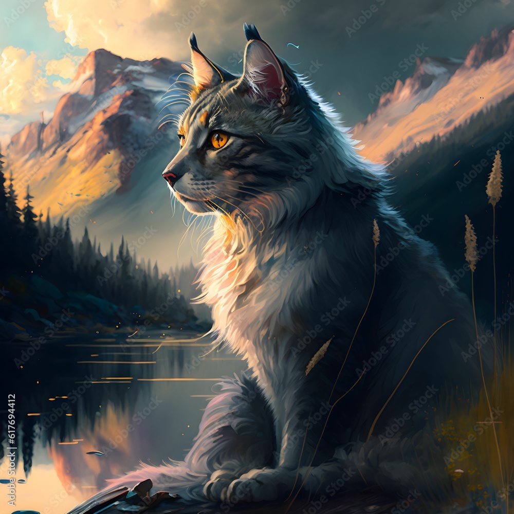 Sticker ai generated illustration of a cat illuminated by vibrant lights, perched atop a rocky outcrop