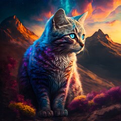 AI generated illustration of a majestic cat illuminated by vibrant, colorful lights