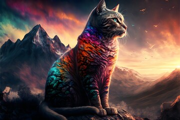AI generated illustration of a cat illuminated by vibrant lights, perched atop a rocky outcrop