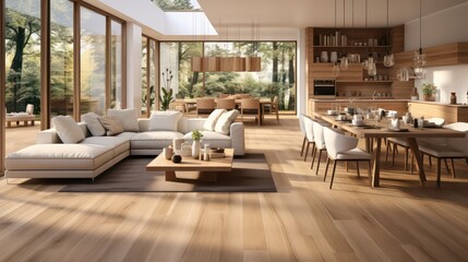 Fototapeta premium Interior design of modern scandinavian apartment, living room and dining room. Created with generative AI.